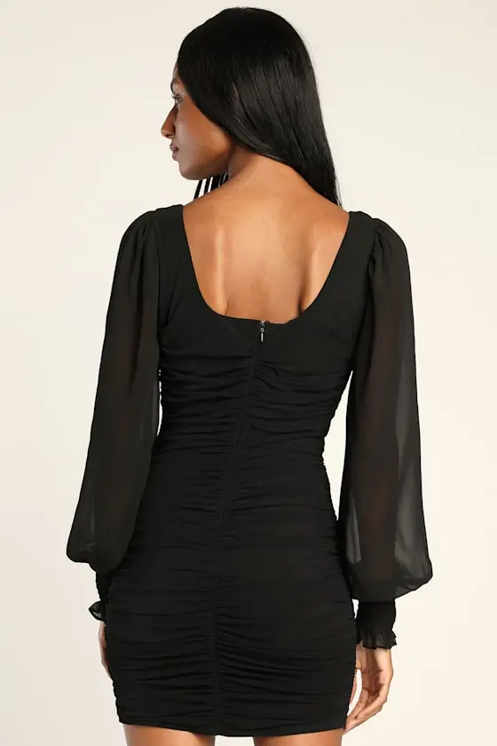 Perfect Sensation Dark Green Mesh Ruched Puff Sleeve Mini Dress