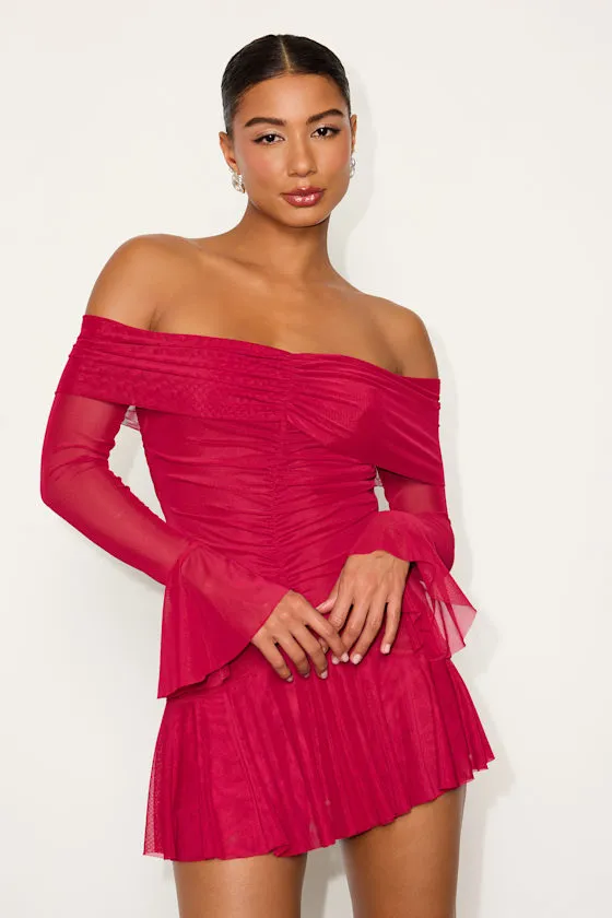 Milith Red Mesh Off-the-Shoulder Mini Dress