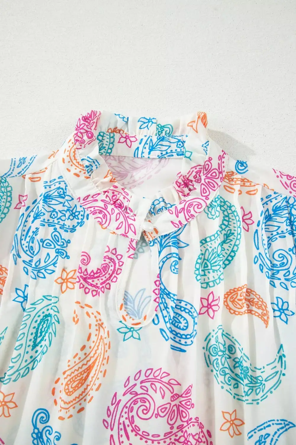 Button Front Puff Sleeve Paisley Blouse