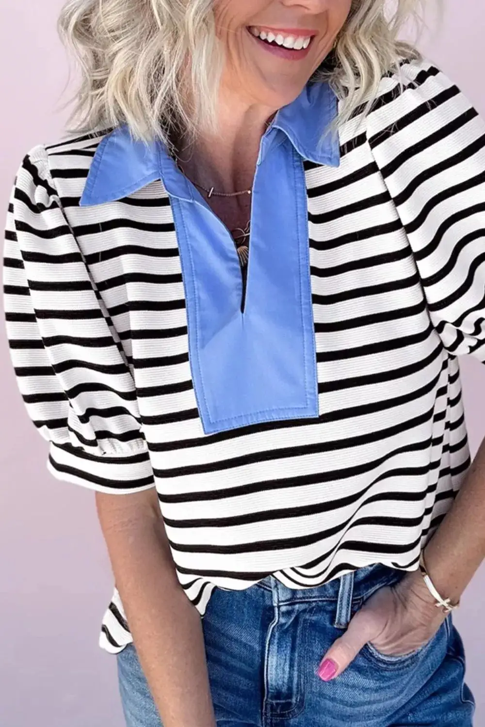 Striped Puff Sleeve Blouse Contrast Collar