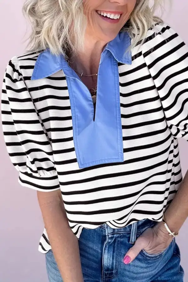 Striped Puff Sleeve Blouse Contrast Collar