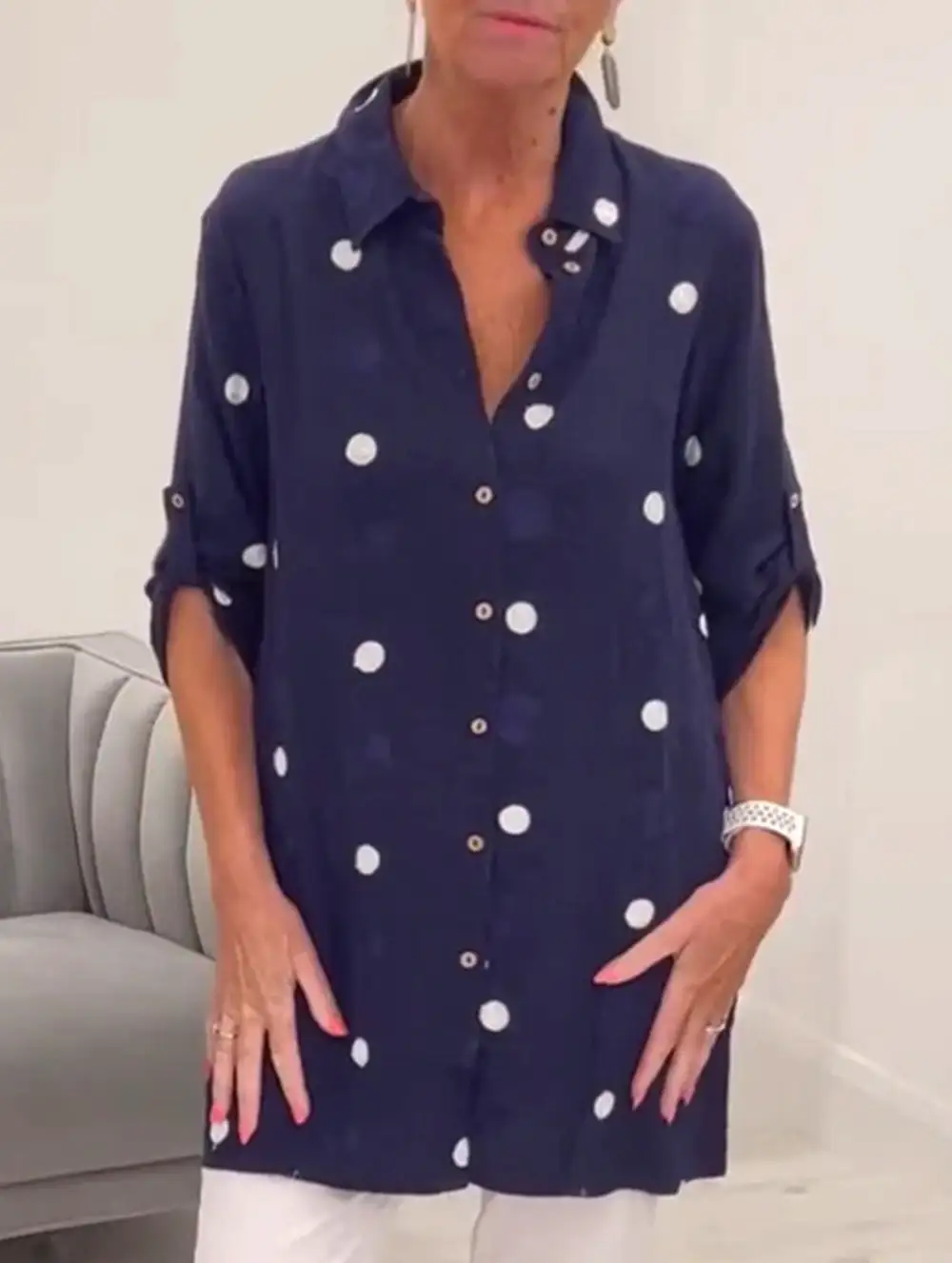 Simple Lapel Long-Sleeved Polka Dot Shirt