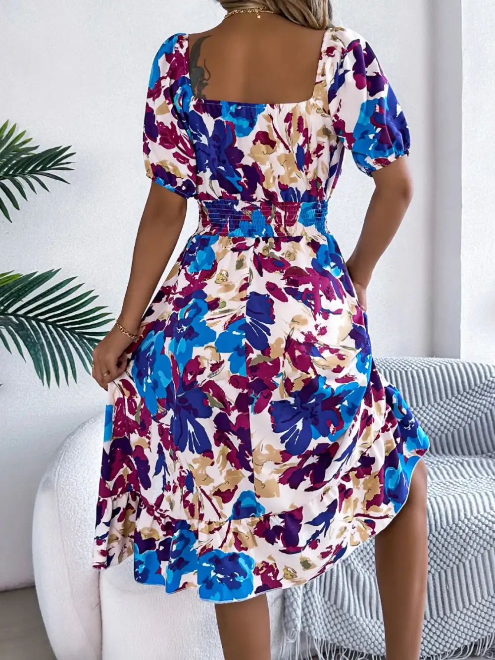 Textured Ruffle Trim Smocked Dress