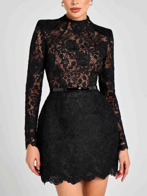 Elegant Floral Lace Long Sleeve Cutout Midi Dress