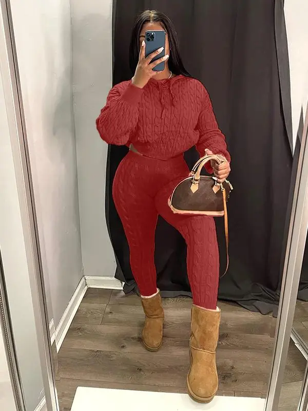 Women's Minimalist Textured Long Sleeve Crop Hooded Sweater& High Waist Skinny Pants Set