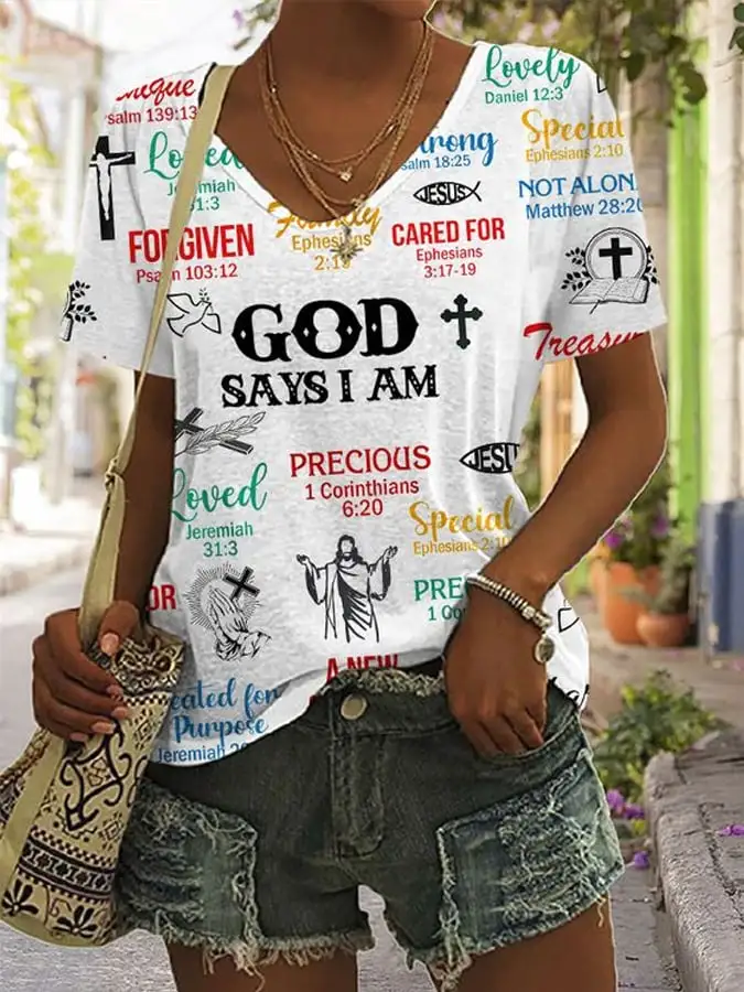 Women's Faith What God Says About You Print V-Neck T-Shirt