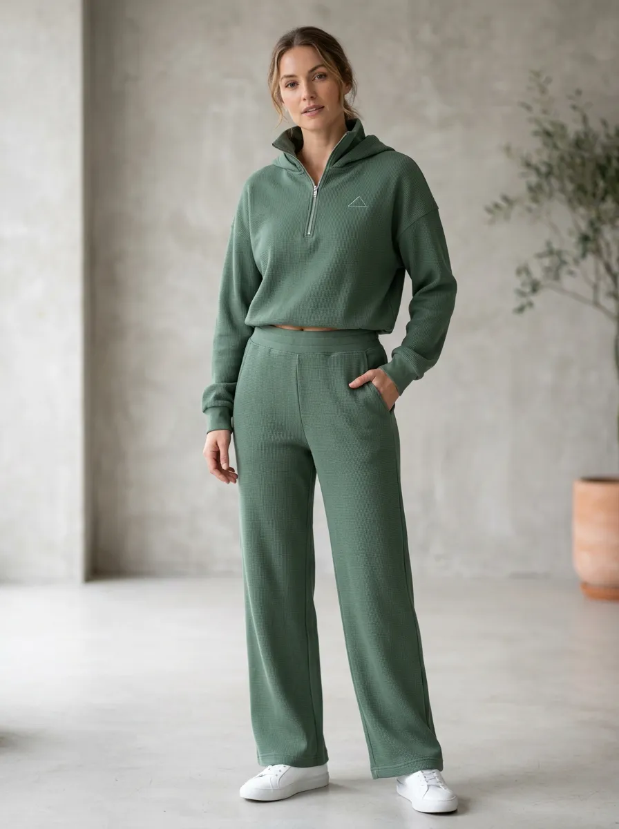 Women's Minimalist Triangle Logo Waffle Knit Quarter-Zip Hoodie Jogger Set