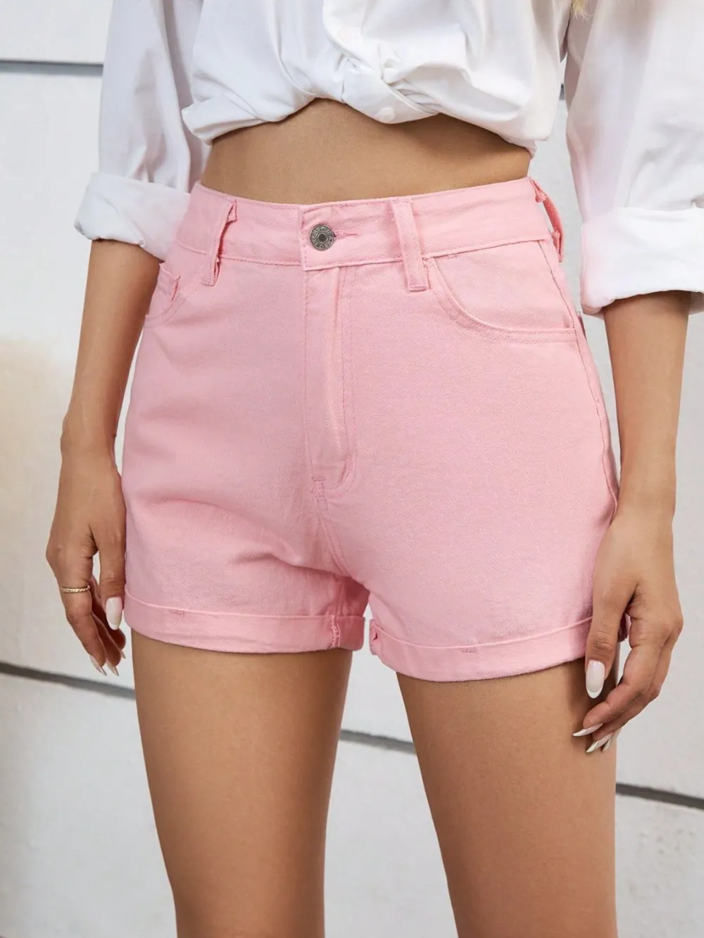 Textured High Waist Denim Shorts