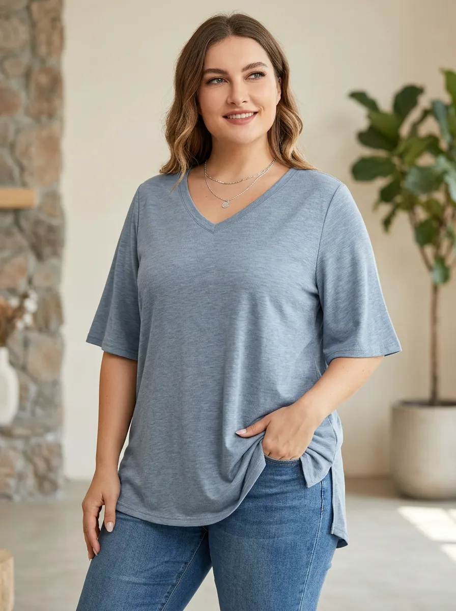 Women's Plus Size Casual Blue Heathered V-Neck T-Shirt