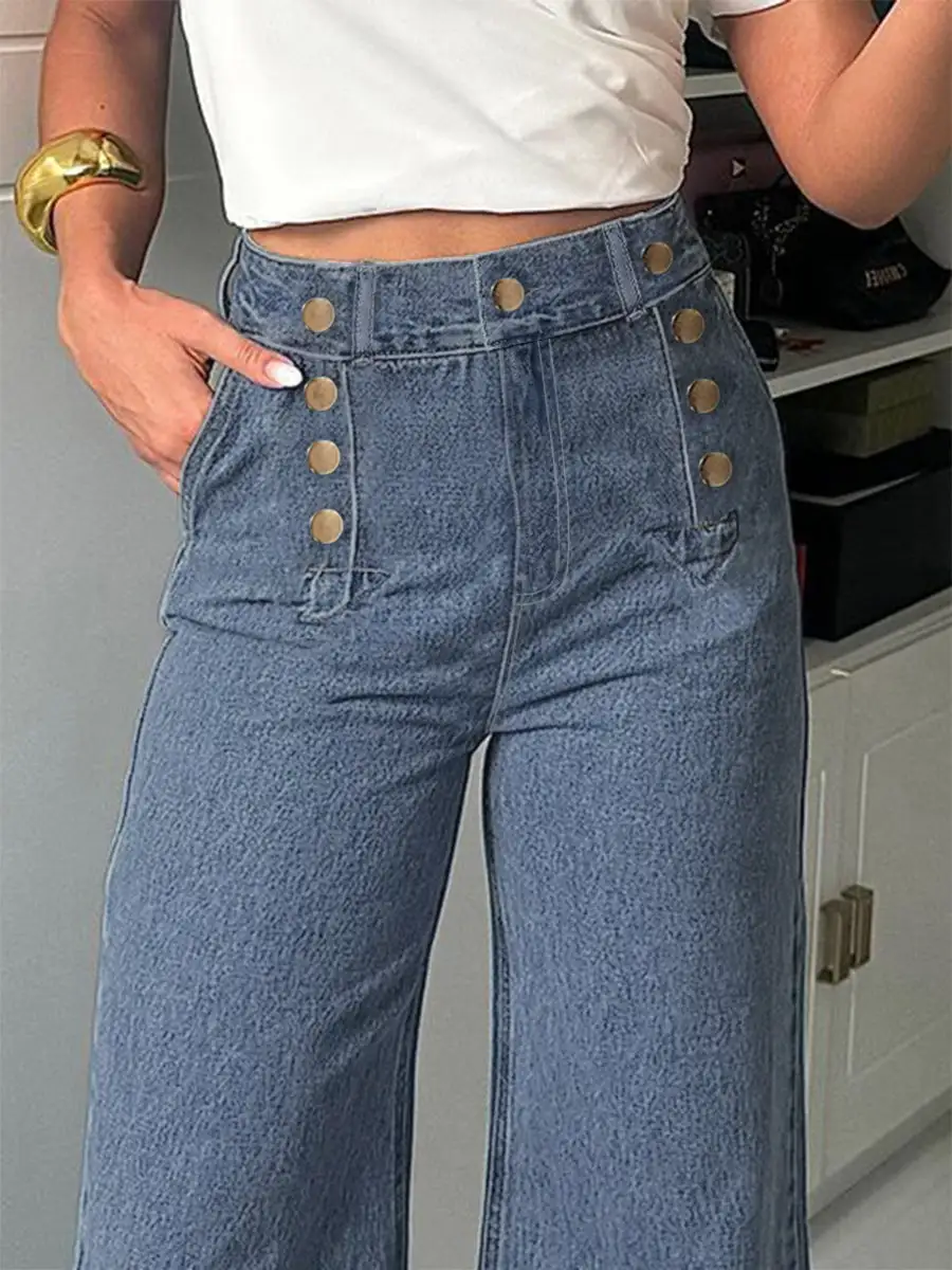 High Waist Relaxed Fit Wide Leg Seamed Button Detail Jeans
