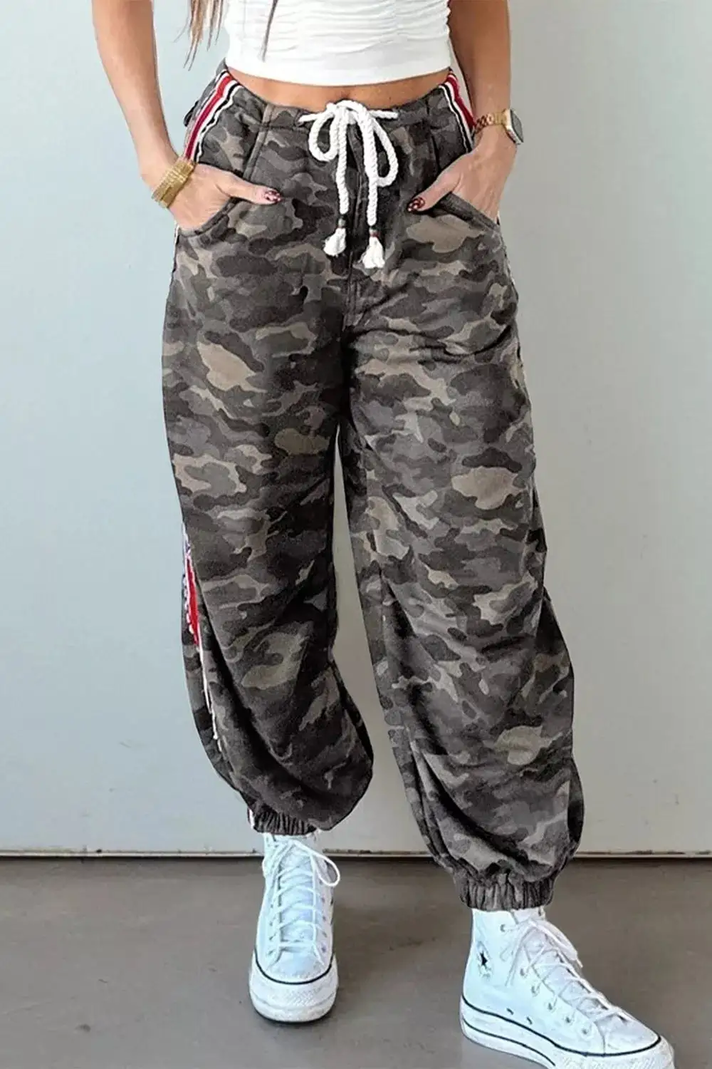 Drawstring Pocketed Camouflage Jogger Pants