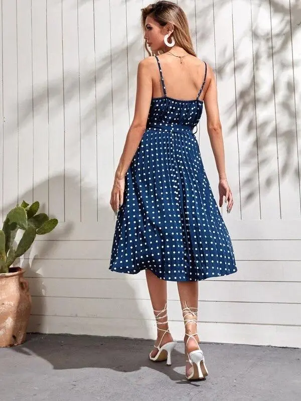 Women Polka Dot Wrap Belted Cami Dress