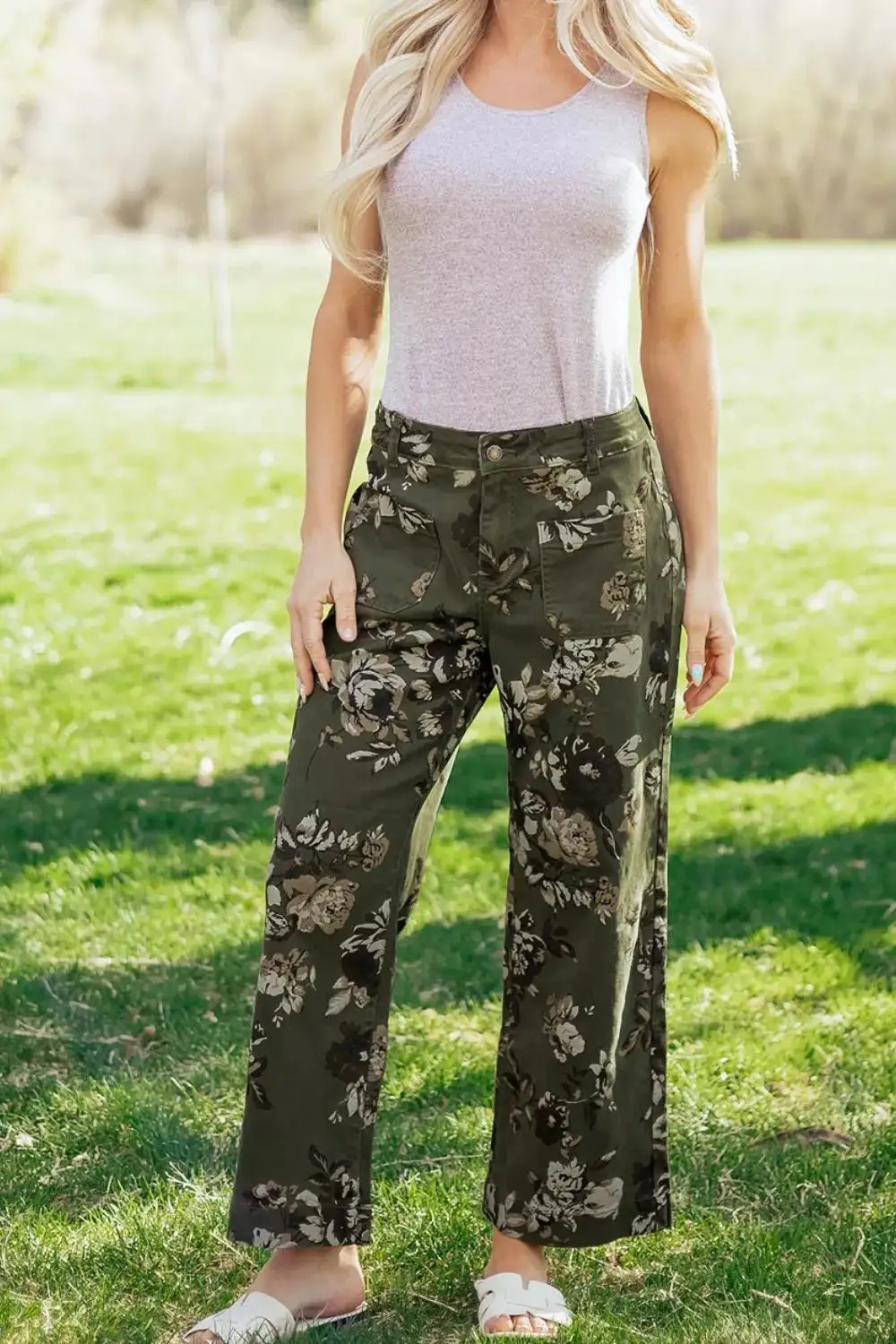 High Rise Floral Print Wide Leg Jeans