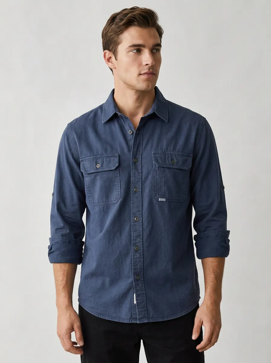 Men's Casual Solid Navy Double Pocket Button Down Shirt