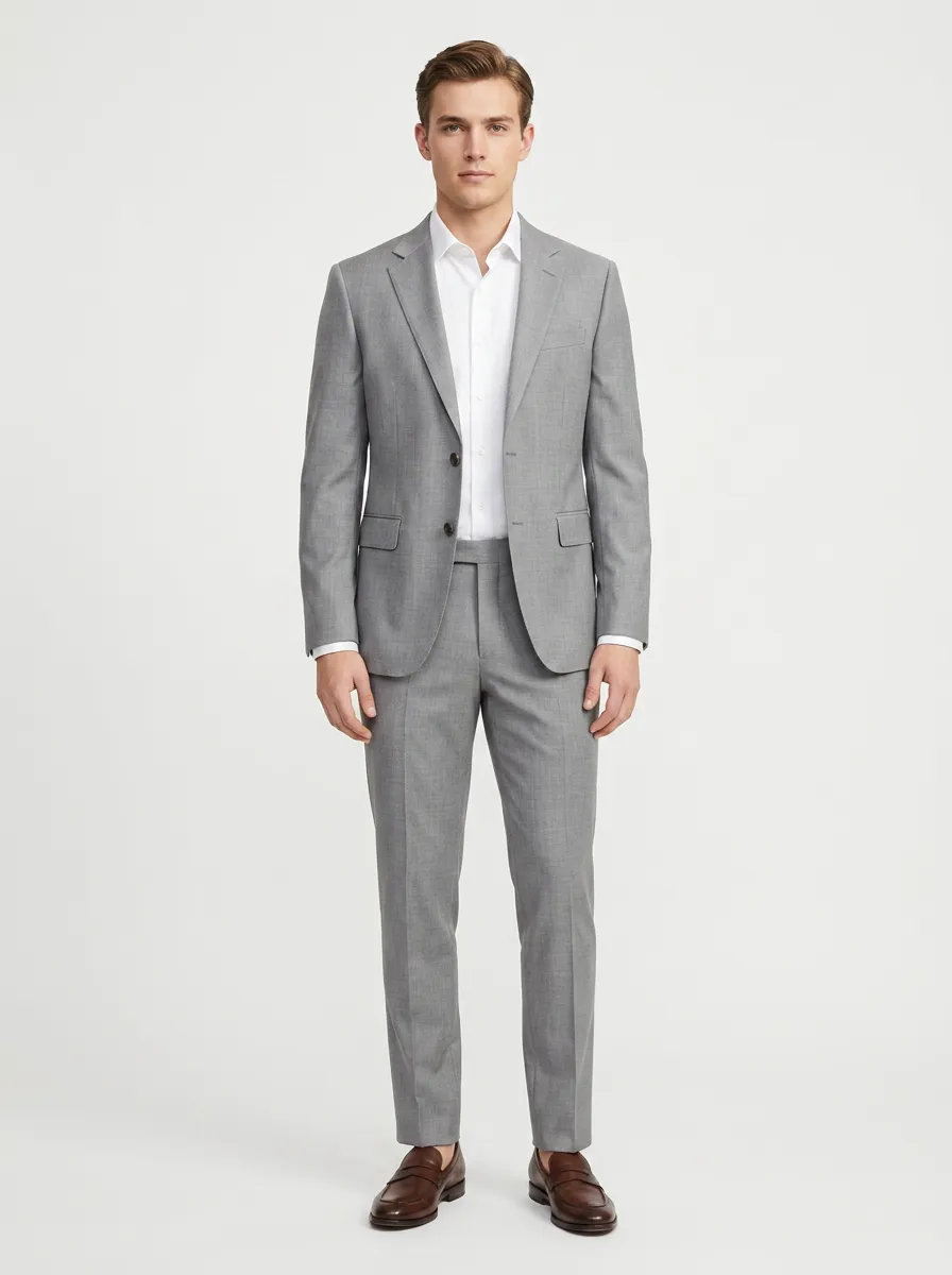 Men's Notched Lapel Formal Business Grey Solid Color Tailored Suit