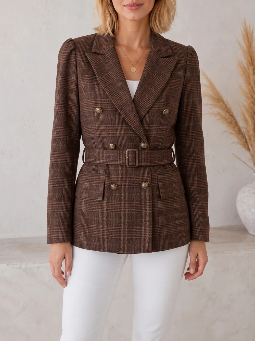 Women's Vintage Plaid Brown Double-Breasted Belted Blazer Jacket