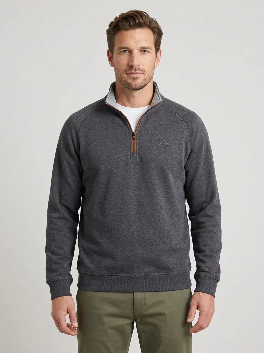 Men's Classic Contrast-Trim Textured Raglan Embroidered Emblem Quarter-Zip Sweatshirt