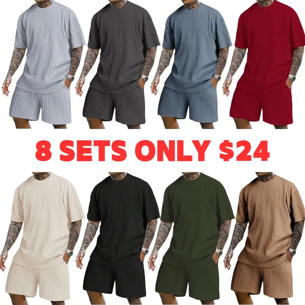 Men's Solid Textured Drop Shoulder Short Sleeve Tee & Drawstring Waist Shorts Set, Spring & Summer Clothes, Back To School Loose Casual Fashion Crew Neck T-shirt & Pocket Shorts for Daily Outdoor Wear, Men Outfits, Fall Outfits