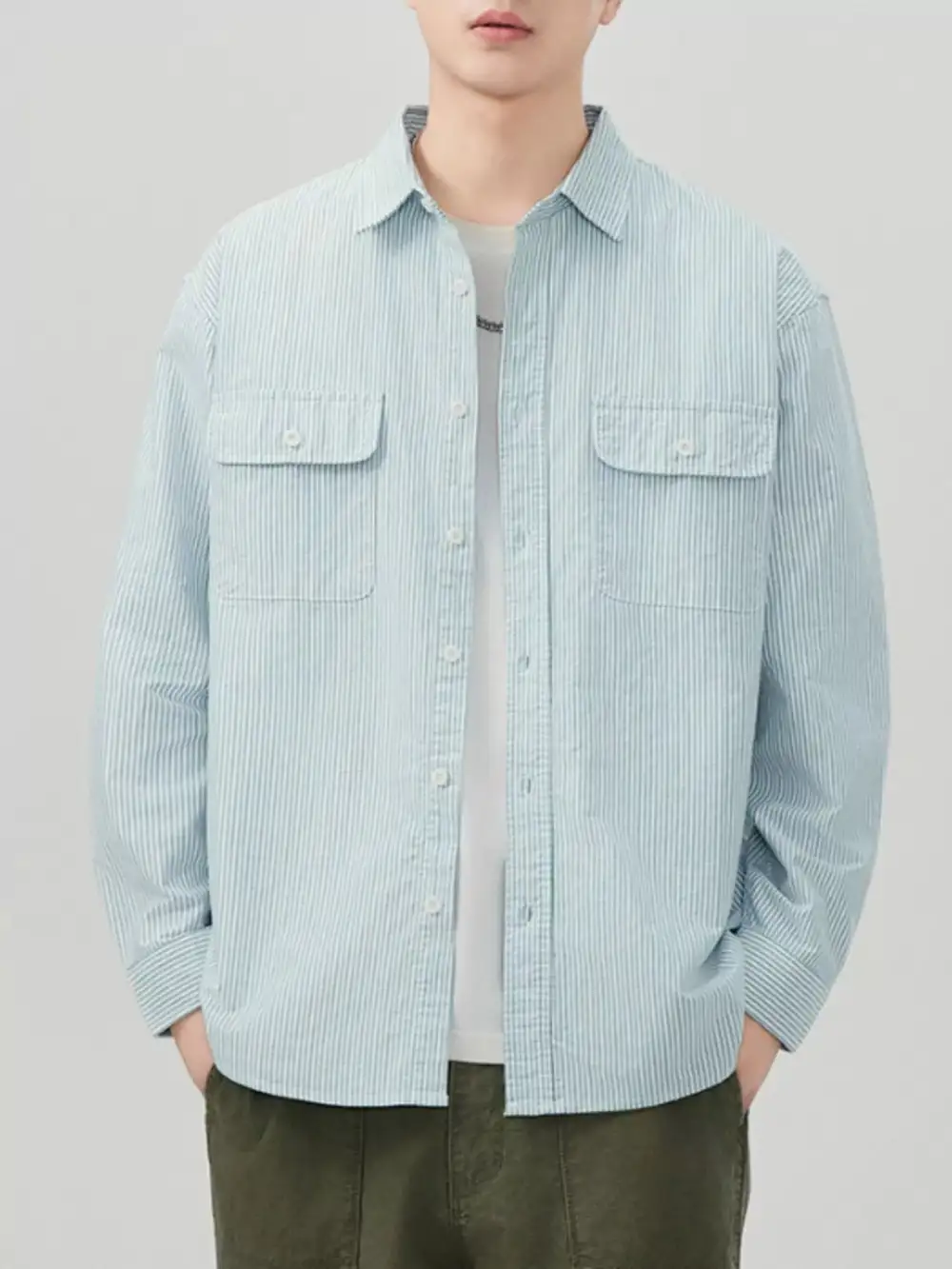 Tailored Long-Sleeve Striped Button-Up Shirt