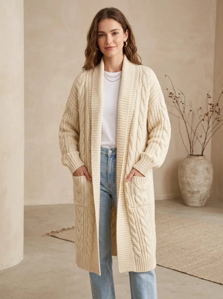 Women's Cable-Knit Longline Cardigan Open-Front