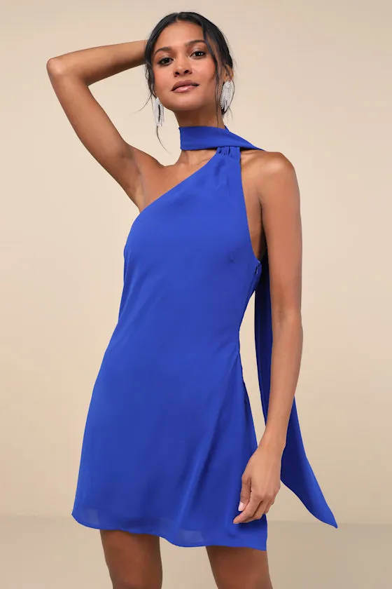 Isloda Blue One-Shoulder Backless Sash Mini Dress