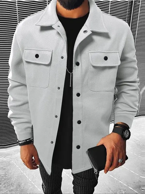 🔥Last Day 49% Offer-Men's Plain Long Sleeve Jacket, Regular Fit Casual Classic Button Front Flap Pocket Collared Outerwear for Fall & Winter, Going Out Outfit