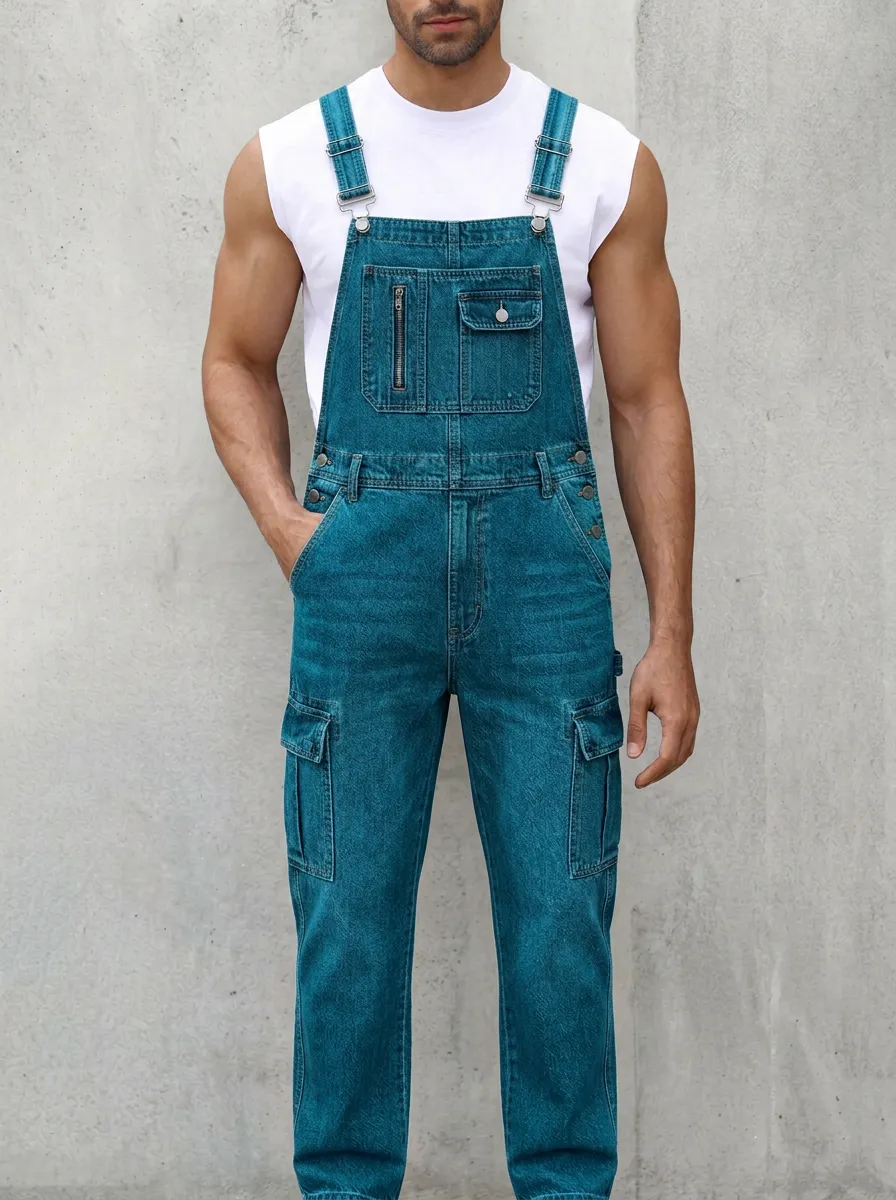 Men's Casual Streetwear Multi-Pocket Denim Cargo Overalls