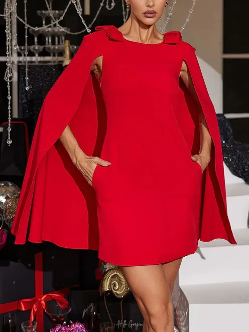 Bow Shoulder Cape Elegant Mini Dress