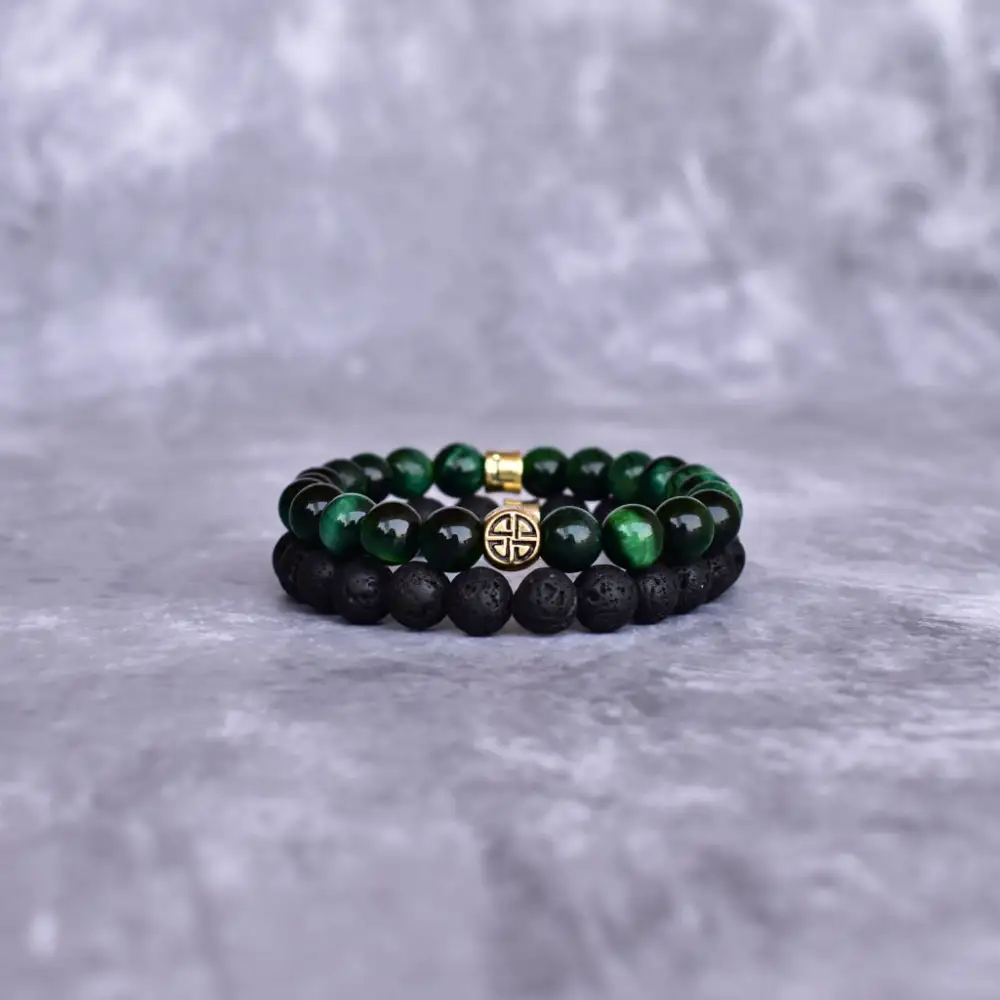 Polished Celtic Knot Dual-Stone Tiger Eye Lava Bead Bracelet