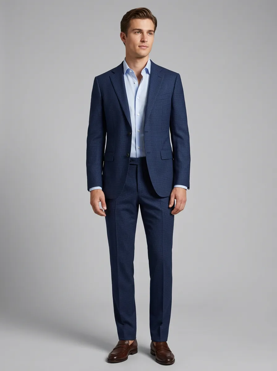 Men's Business Formal Navy Blue Textured Patterned Suit Set