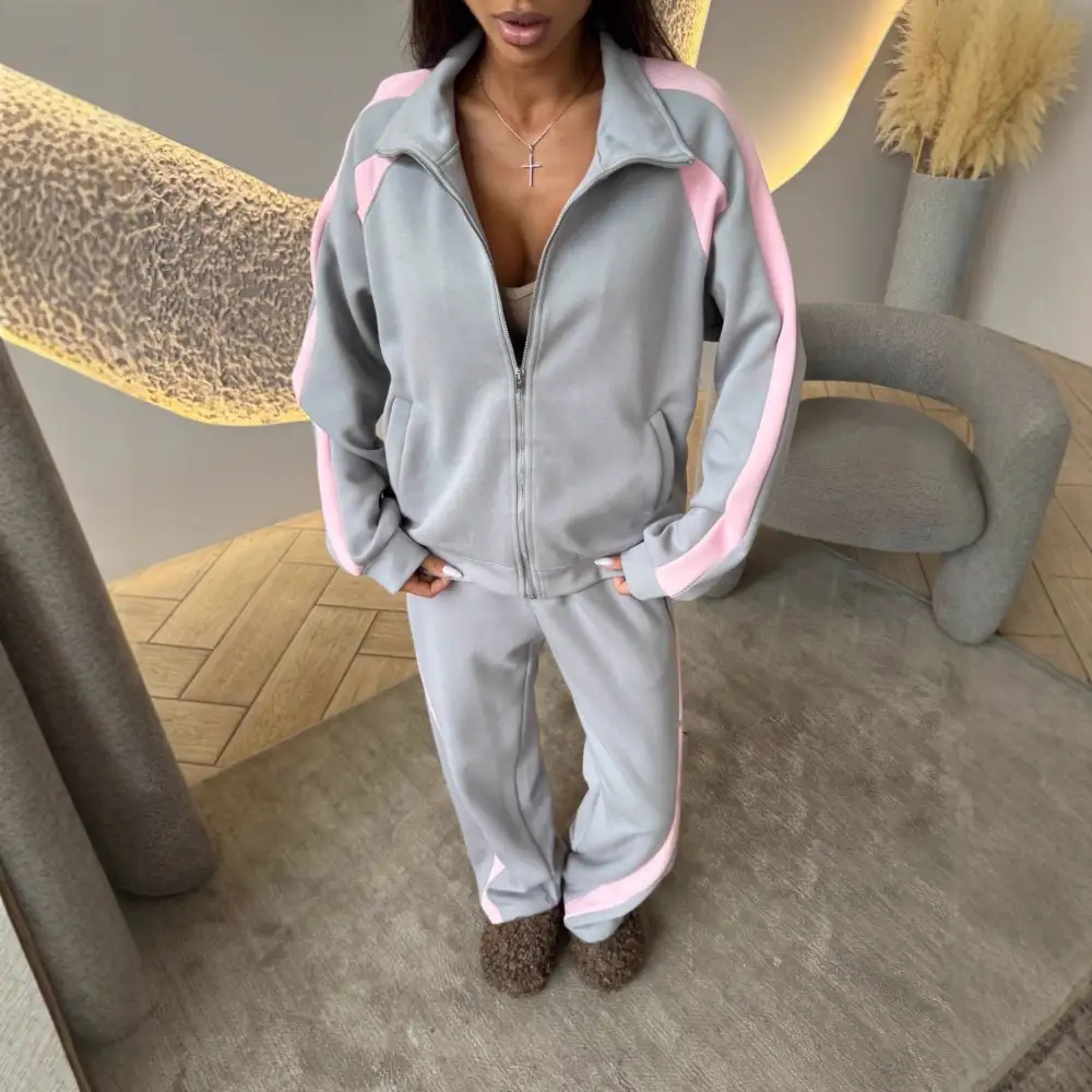 Zip-Front Long-Sleeve Checked Women's Matching Set