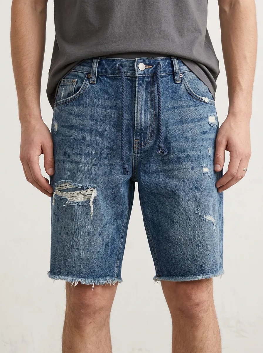 Men's Classic Paint Splatter Distressed Raw Hem Distressed Denim Shorts