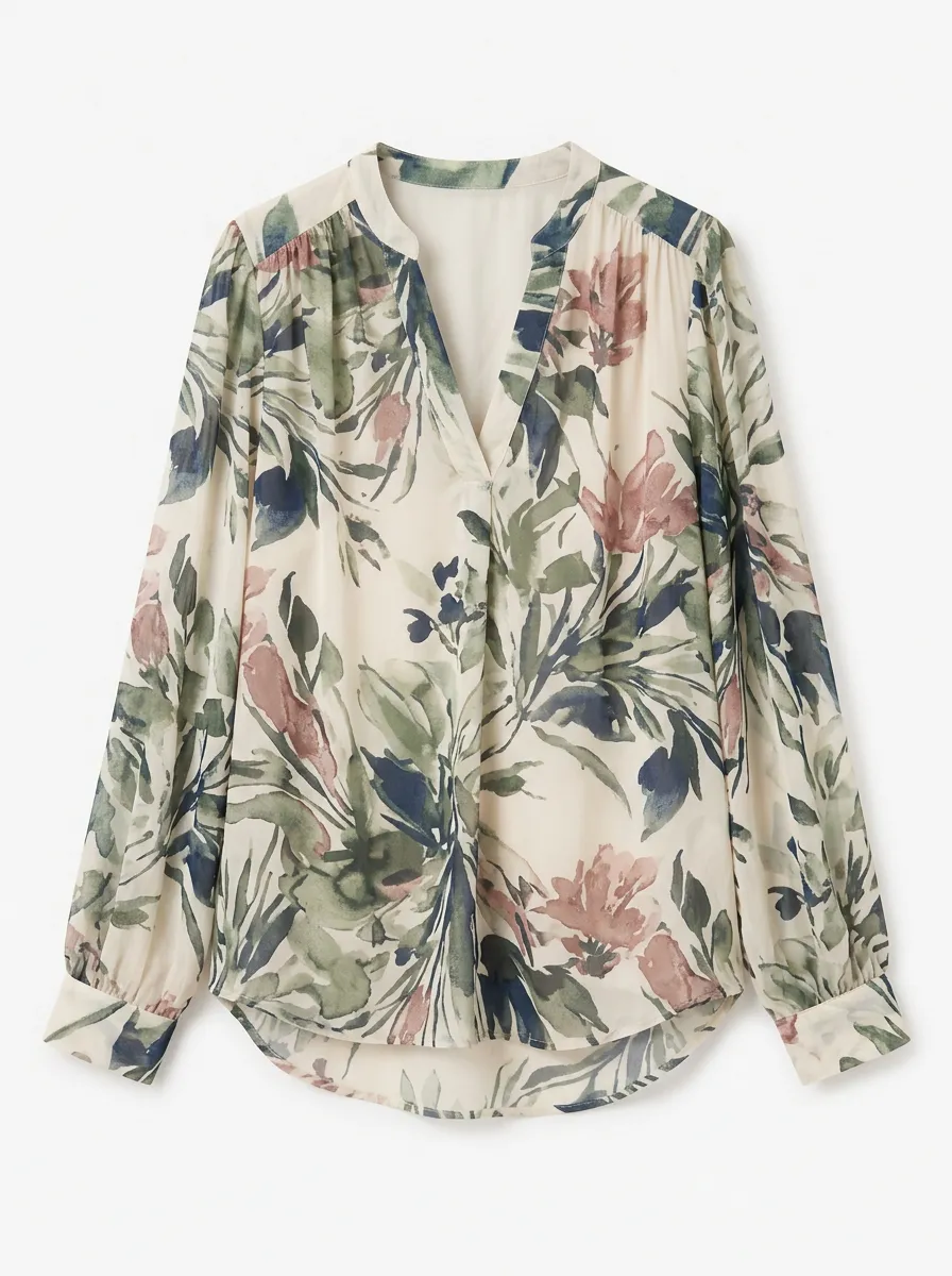 Women's Floral Watercolor Botanical Printed V-Neck Blouse
