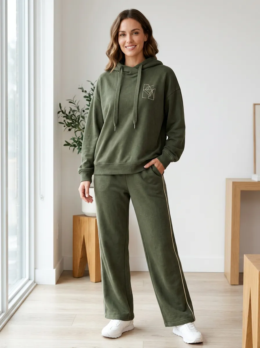 Women's Olive Green Geometric Line Art Printed Hoodie Jogger Set