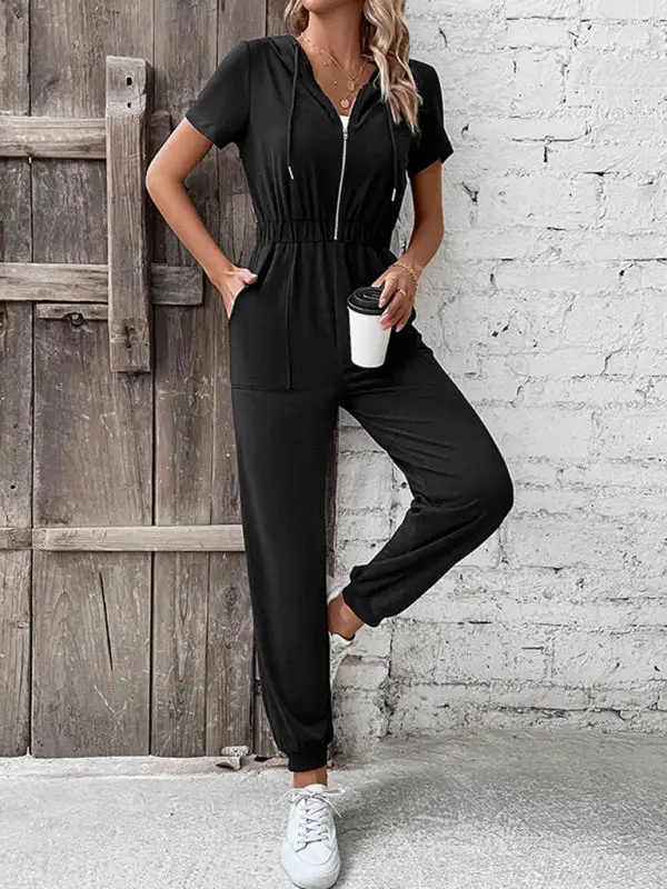 Hooded Zip Loose Cargo Jumpsuit