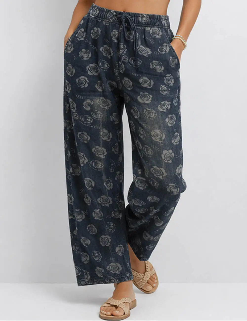 Floral Print Elastic Waist Barrel Leg Denim Pants