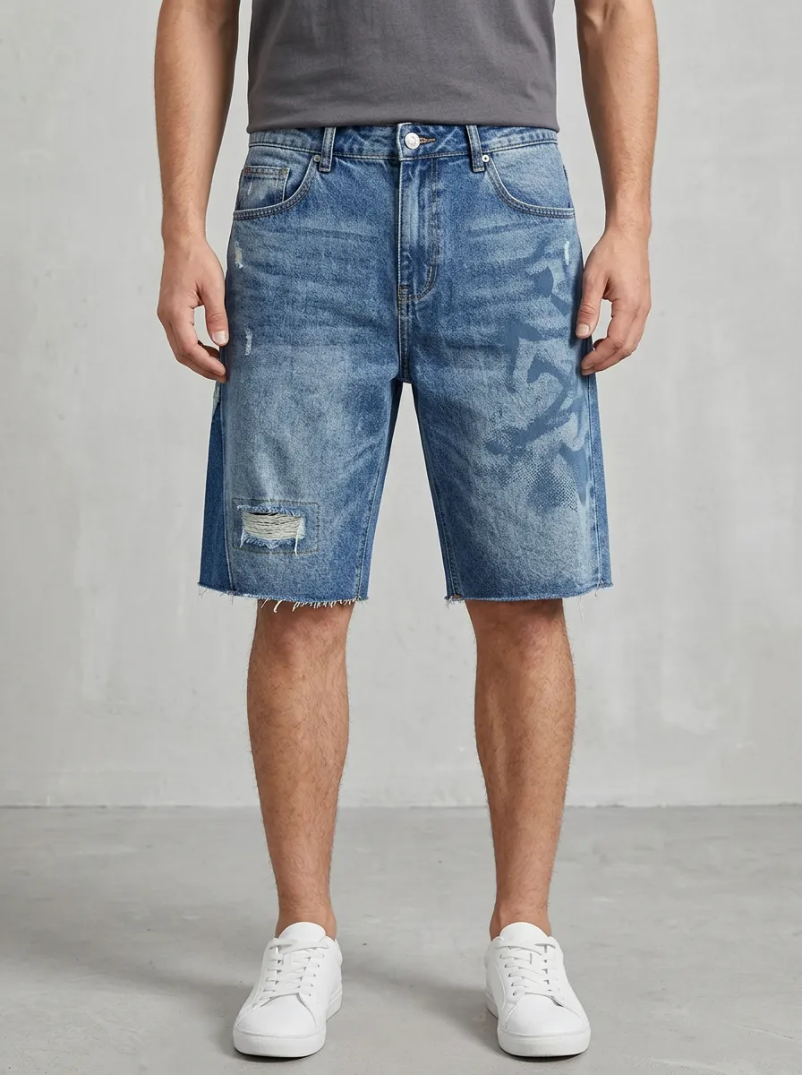 Men's Contemporary Distressed Raw Hem Street Inspired Distressed Denim Shorts