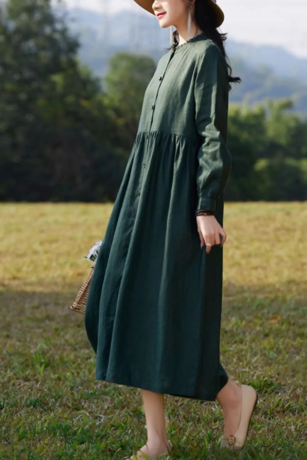 Linen Ruffle Ruffle Neck Long Sleeve Midi Dress