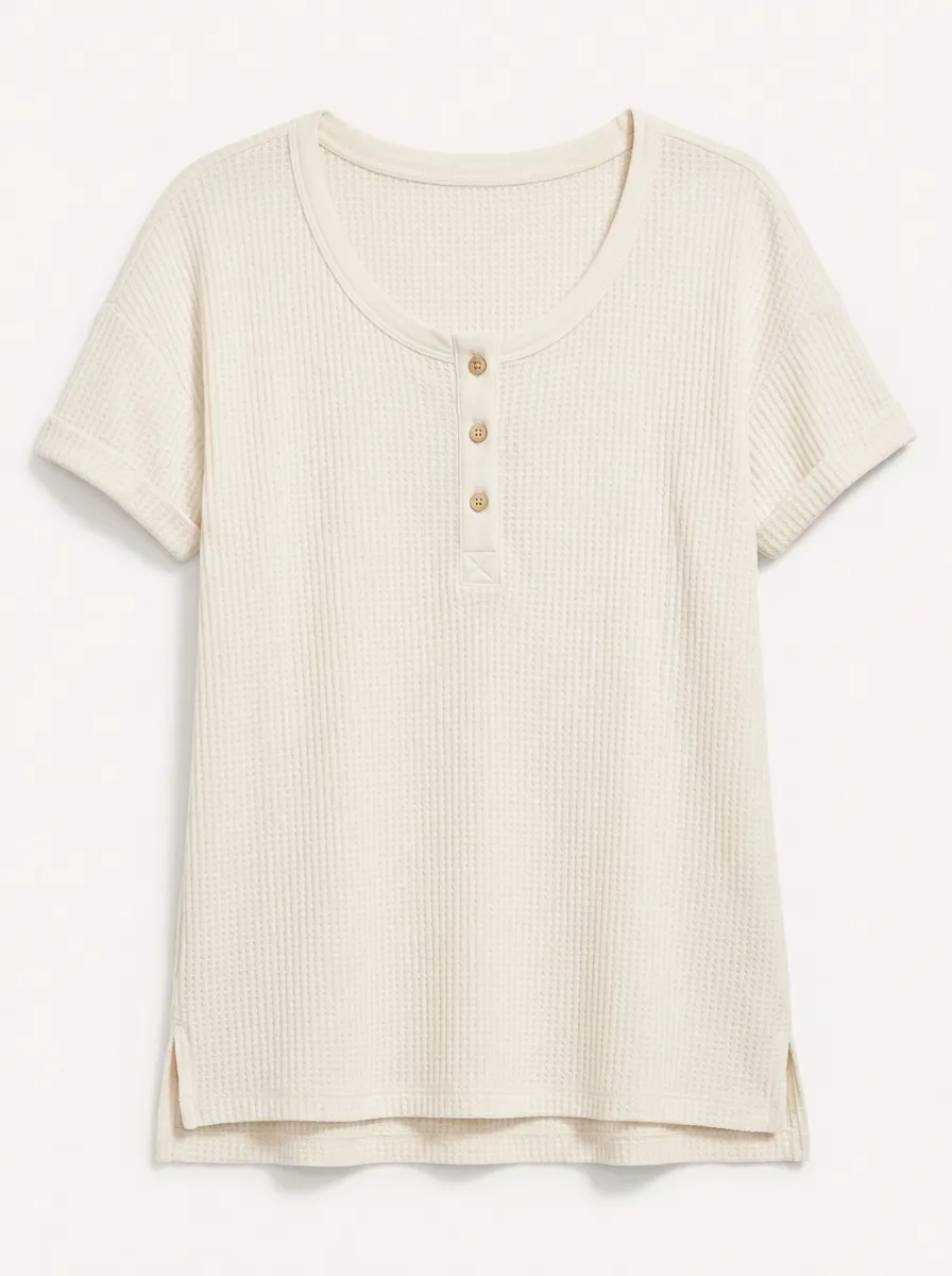 Women's Off-White Waffle Knit Henley T-Shirt