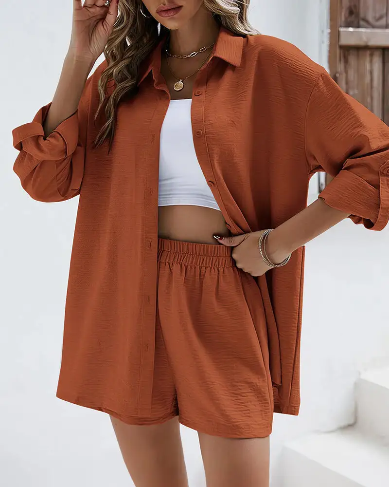 Long Sleeve Button-Down Shirt and High Waist Shorts Casual Two-Piece Set