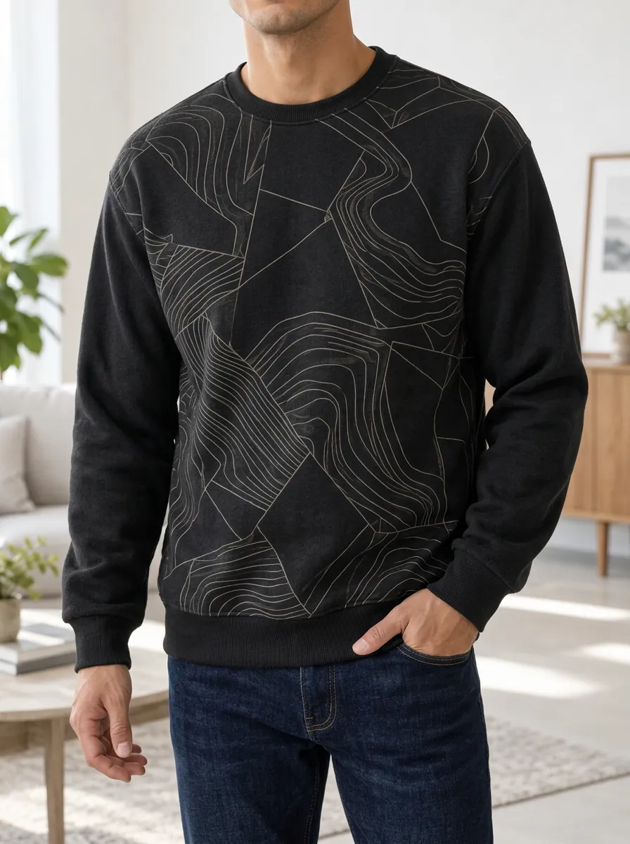 Men's Abstract Line Print Crewneck Sweatshirt Abstract