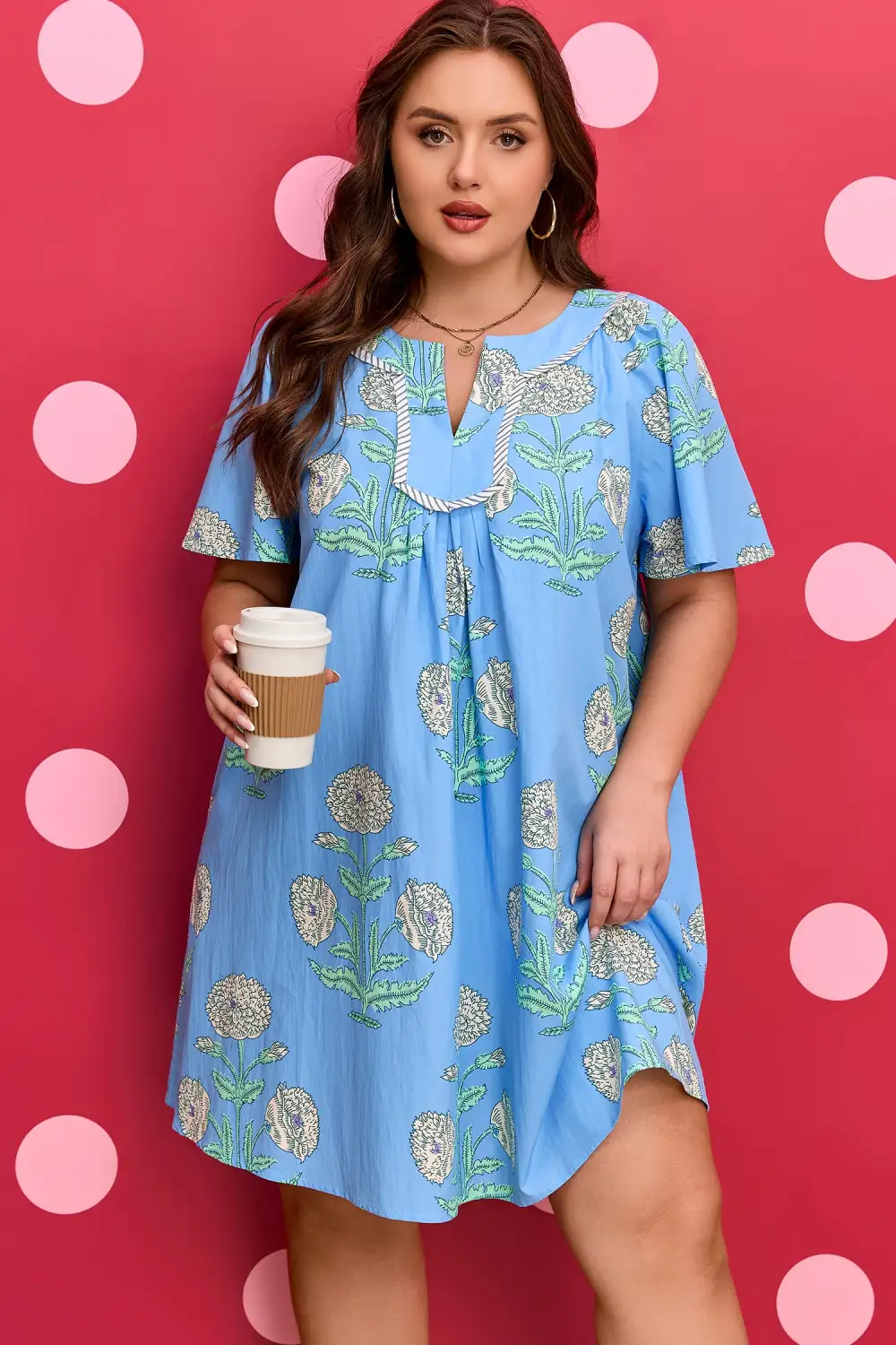 Soft Touch Floral Striped Split Neck Mini Dress