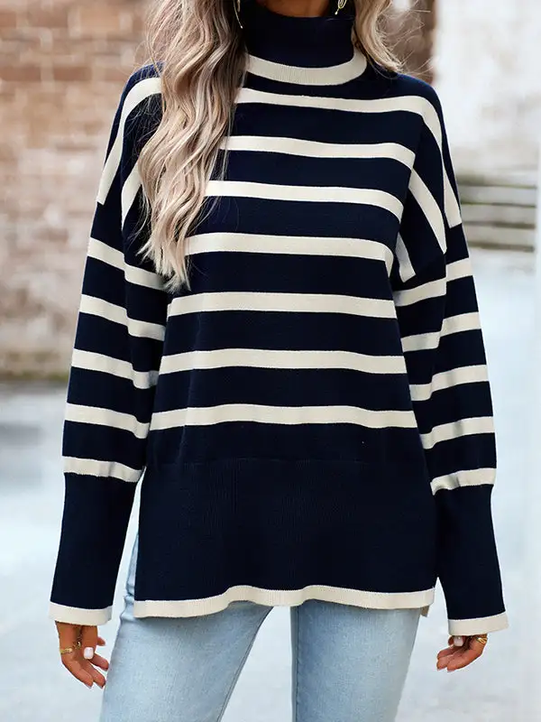 Striped Split Hem High Neck Long Sleeve Relaxed Fit Pullover Sweater
