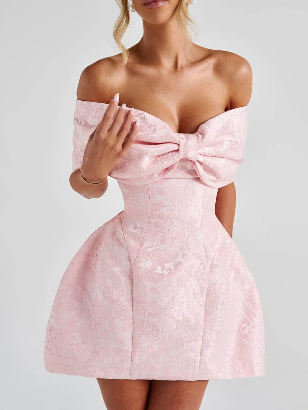 Bow Off the Shoulder Jacquard Mini Dress