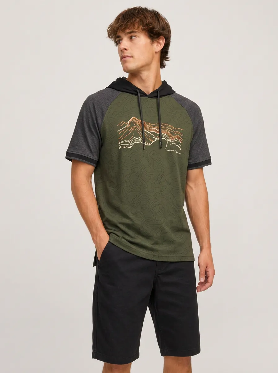 Men's Outdoor Hiking Mountain Topographic Printed Hoodie T-shirt