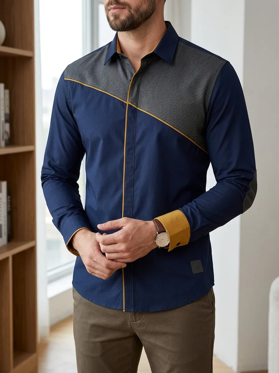 Men's Business Casual Colorblock Herringbone Patchwork Slim Fit Shirt