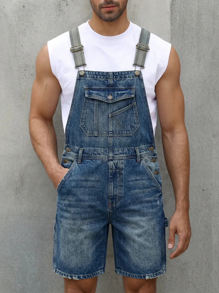 Men's Casual Vintage Distressed Denim Bib Overalls Shorts