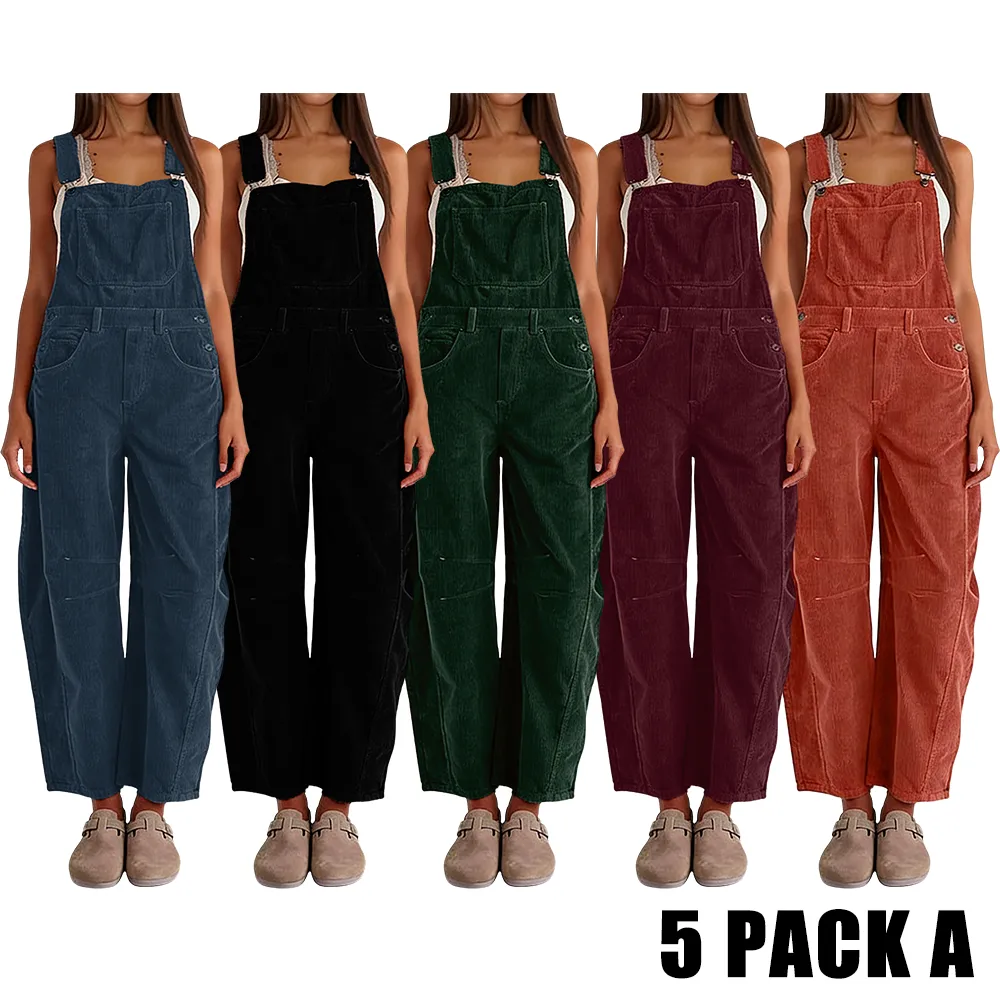 Women Barrel Wide Leg Bib Corduroy Pants