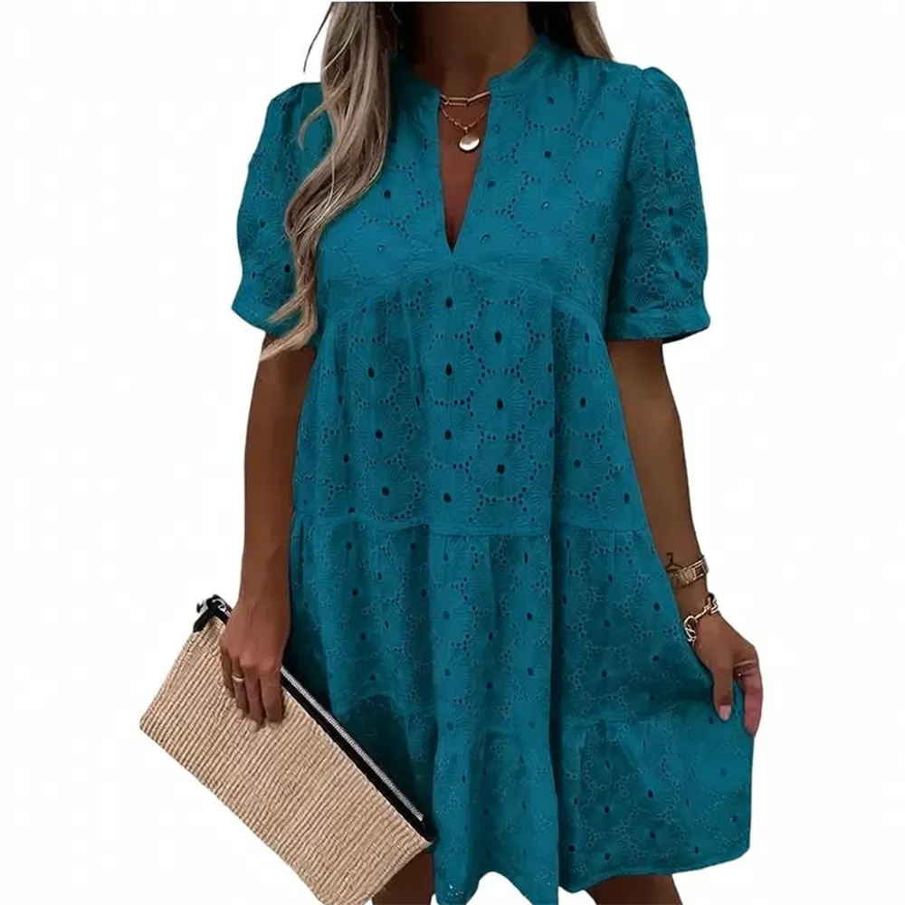 Flowy Lace Dresses Short Sleeve V Neck Tunic Dress