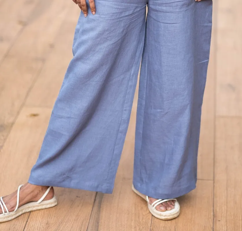 Wildflower Blue Linen Matching Set with V-Neck Top & Wide-Leg Pants
